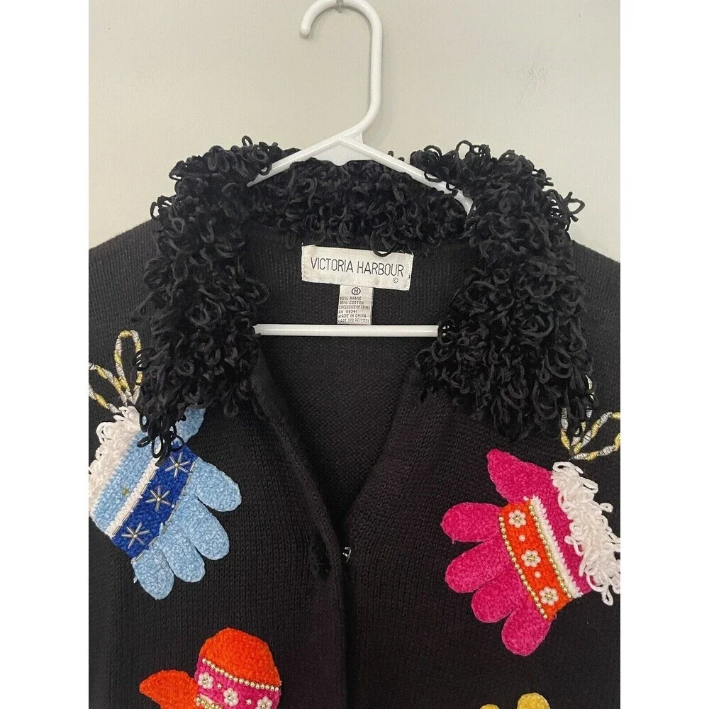 Vintage Victoria Harbour Winter Mittens Cardigan Sweater Black Size M Grannycore